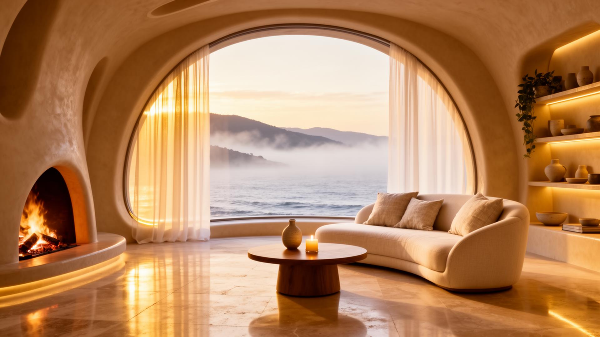 Warm futuristic sanctuary interior at golden hour